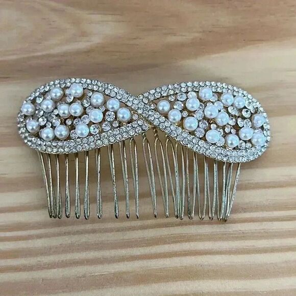 Silver Tone Rhinestone and Faux Pearls Hair Comb Hair Piece - Picture 2 of 5